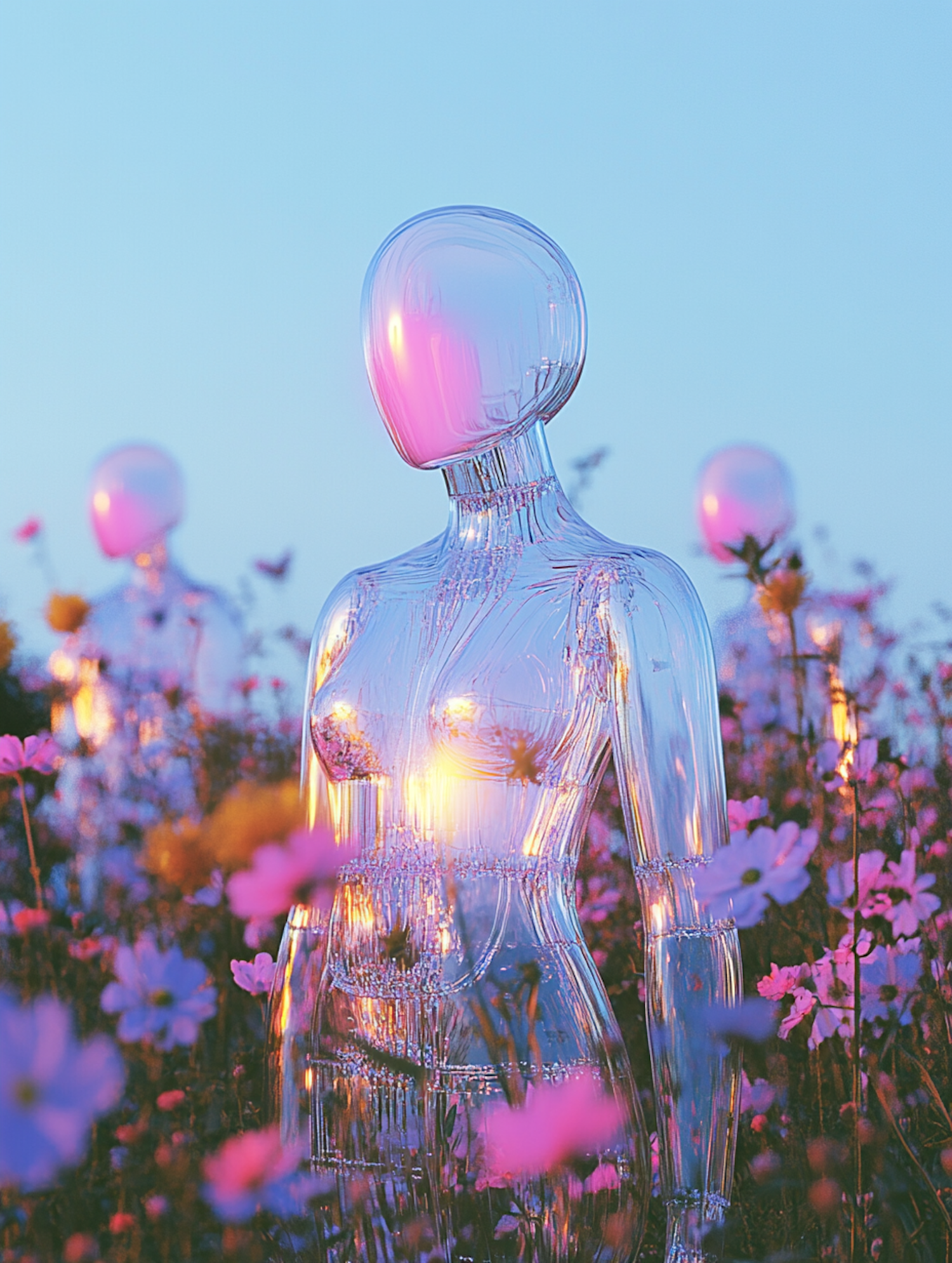 Ethereal Glass Figure in Flower Field