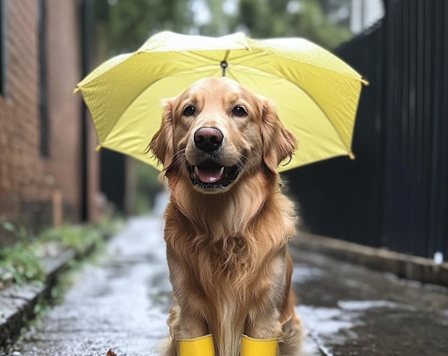 Golden Retriever with Yellow Umbrella