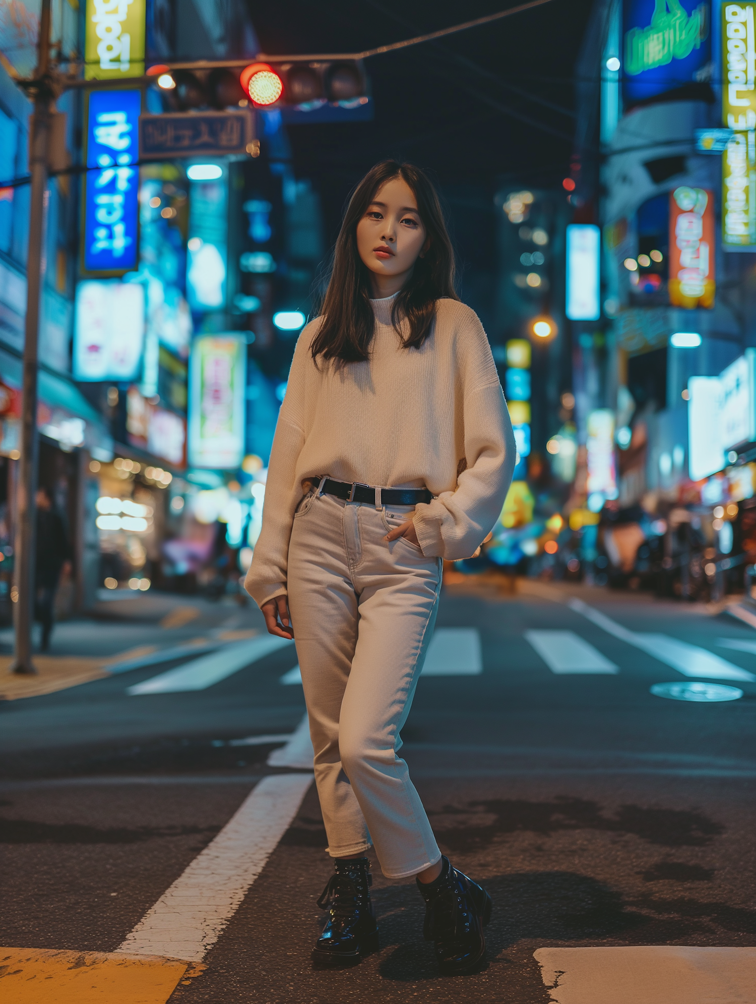 Confident Woman in Illuminated City at Night