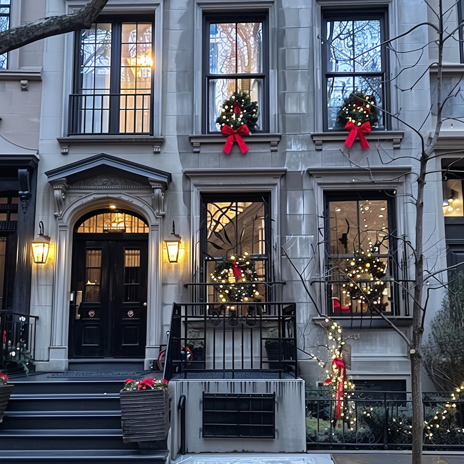 Festively Decorated Brownstone Building