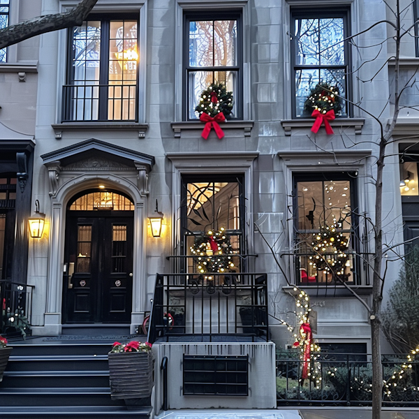 Festively Decorated Brownstone Building