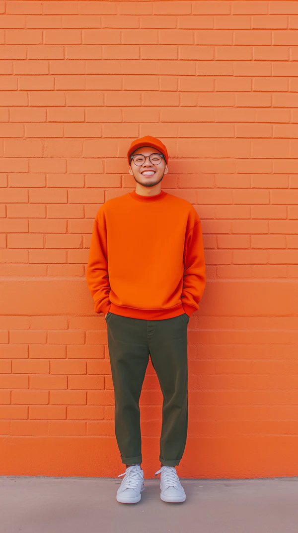 Person in Orange Against Brick Wall