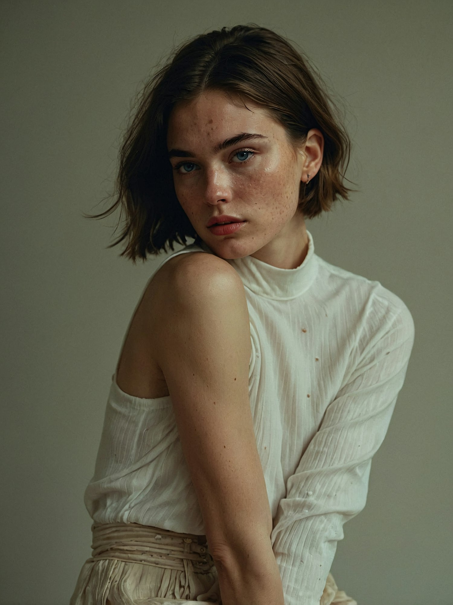 Contemplative Woman in White Blouse