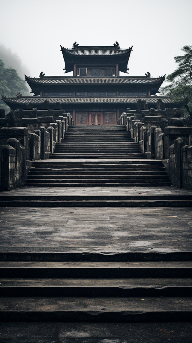 Misty Ascent to the Ancient Eastern Temple