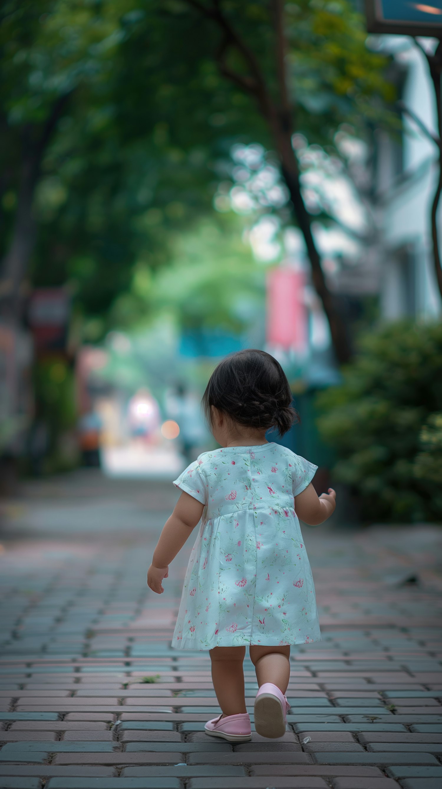 Child Walking on Cobblestone Pathway