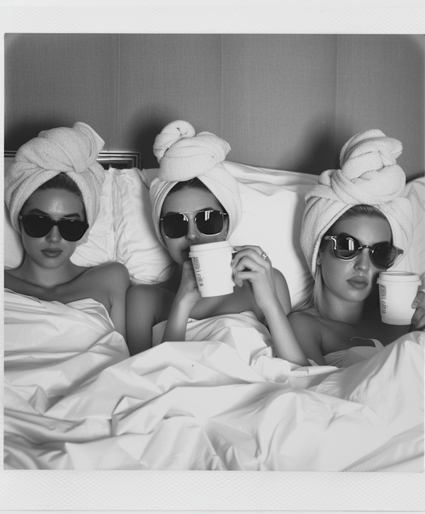 Monochrome Women in Bed with Coffee