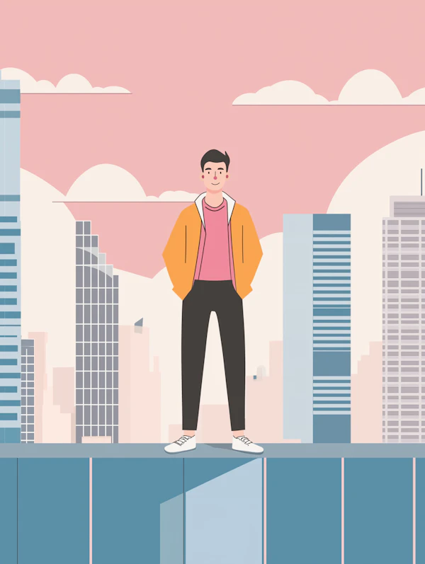 Man on a Ledge Over Urban Cityscape