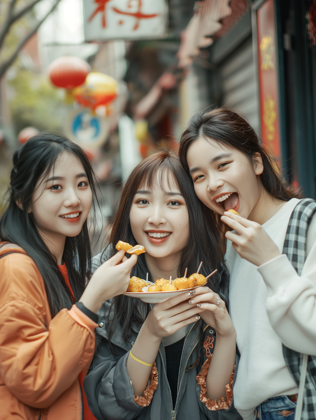 Joyful Friends Enjoying Street Food