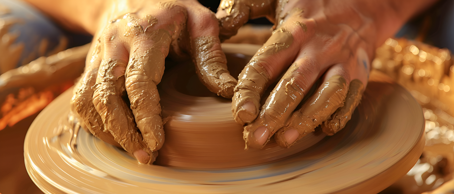 Hands Shaping Clay on Pottery Wheel