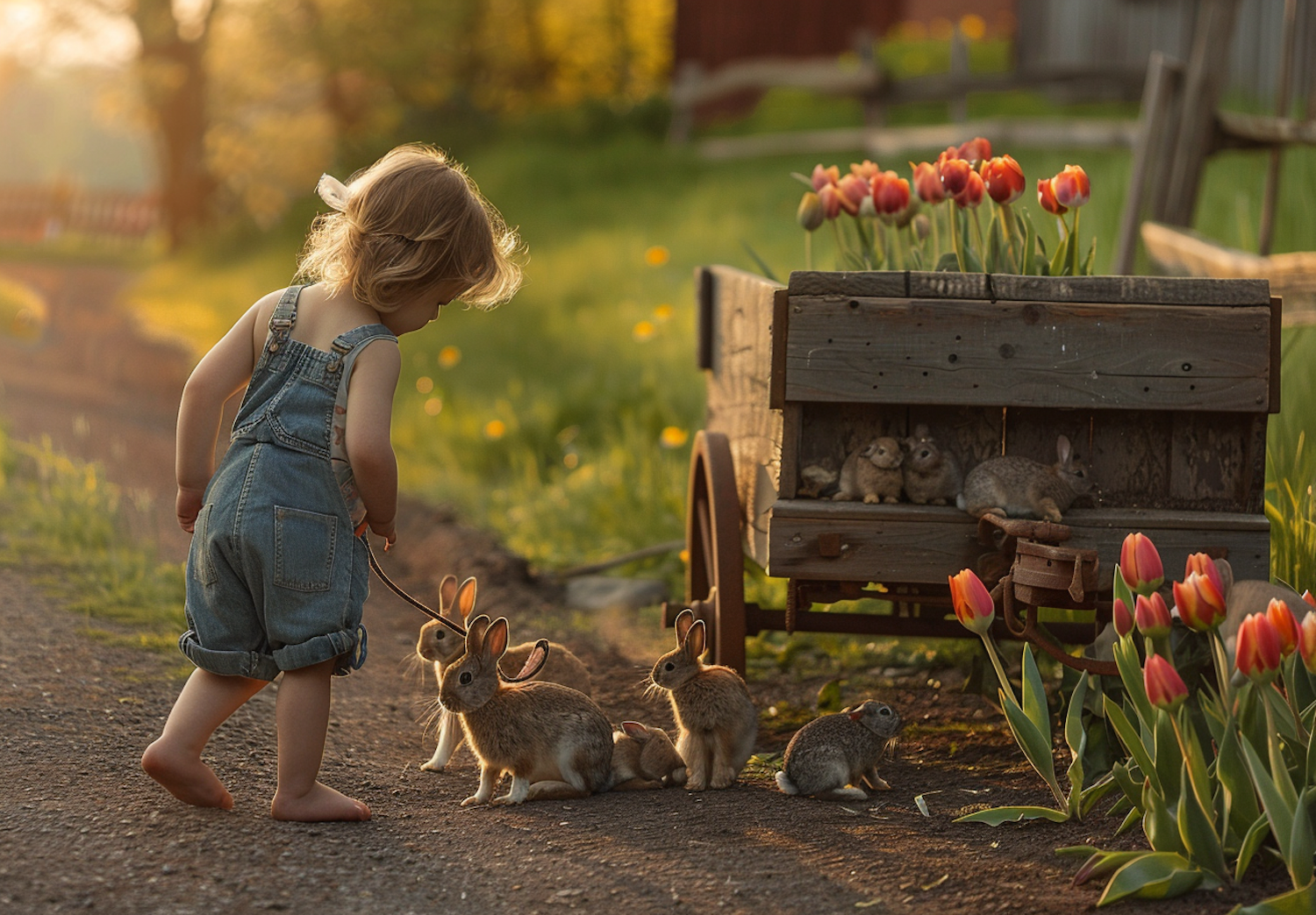 Child and Rabbits in a Tulip Field