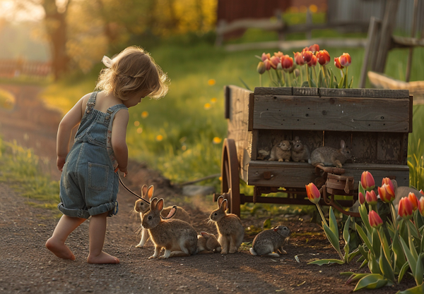 Child and Rabbits in a Tulip Field