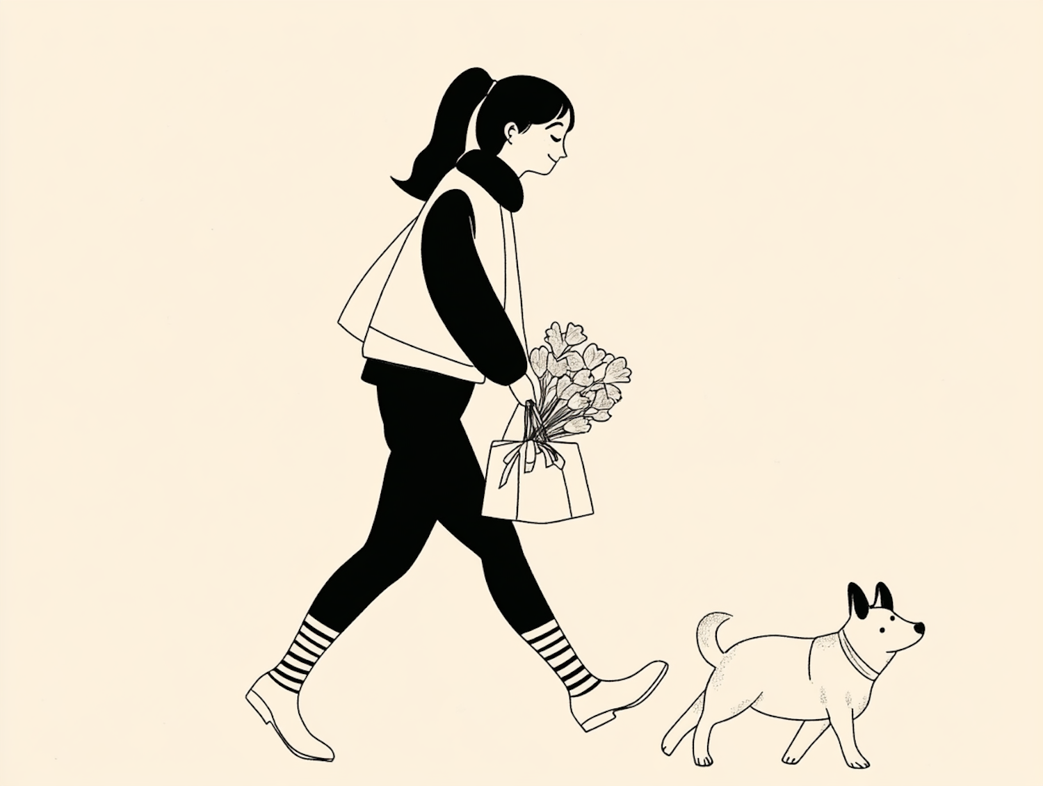 Person Walking Dog with Flowers