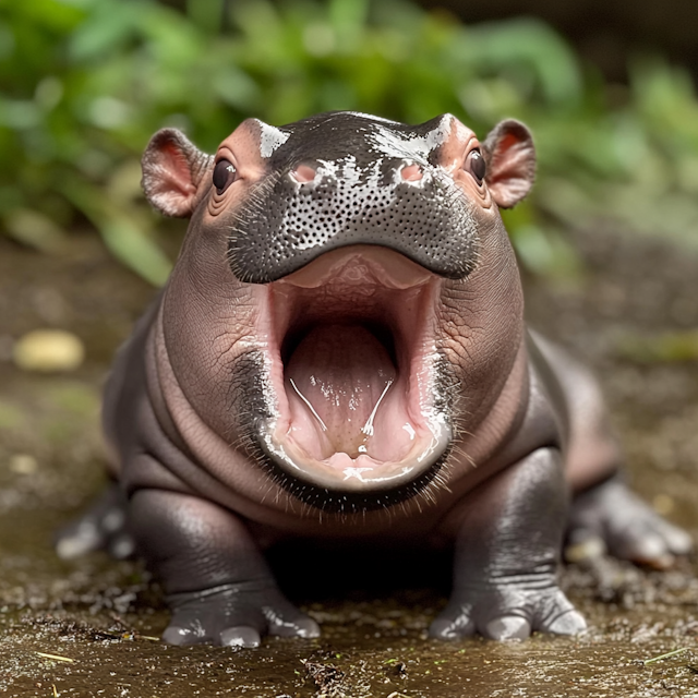 Baby Hippopotamus with Mouth Wide Open