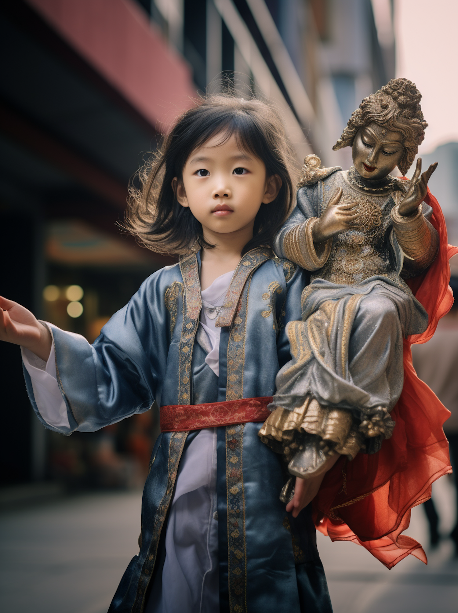 Serene Child in Traditional Attire with Sacred Statue