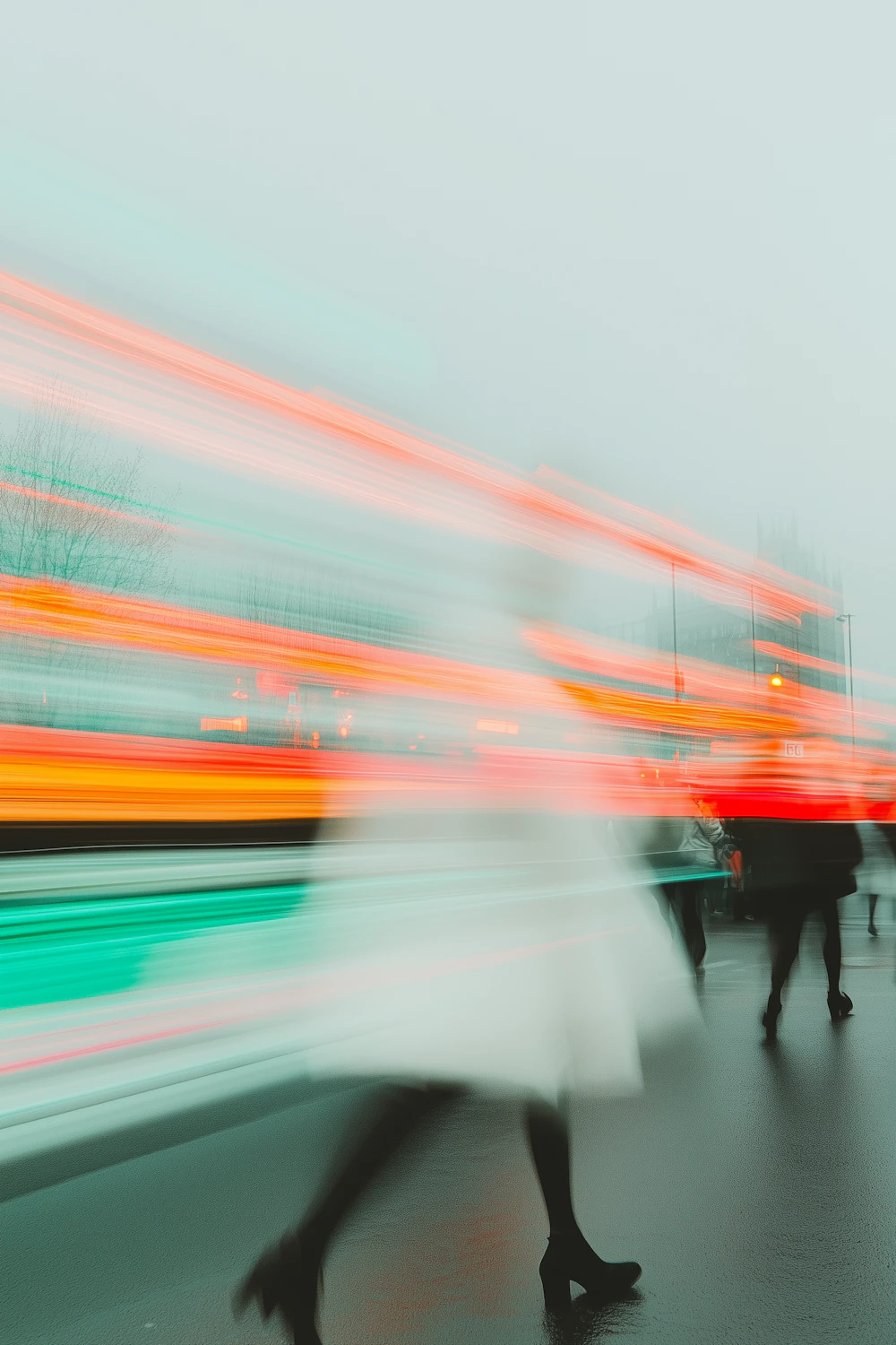 A blurred figure walking through a foggy city street at dusk