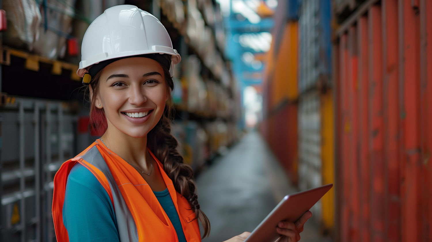 Confident Young Woman in Industrial Safety Attire with Tablet