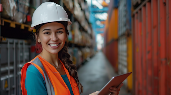 Confident Young Woman in Industrial Safety Attire with Tablet