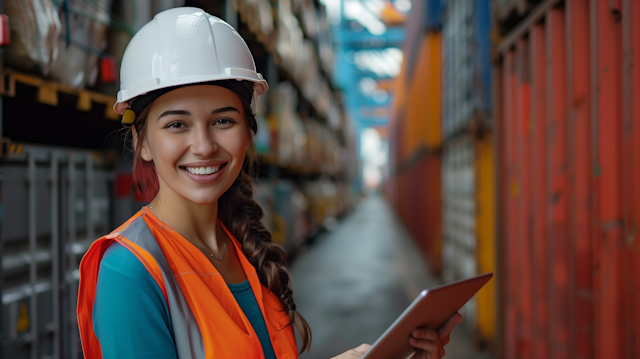 Confident Young Woman in Industrial Safety Attire with Tablet