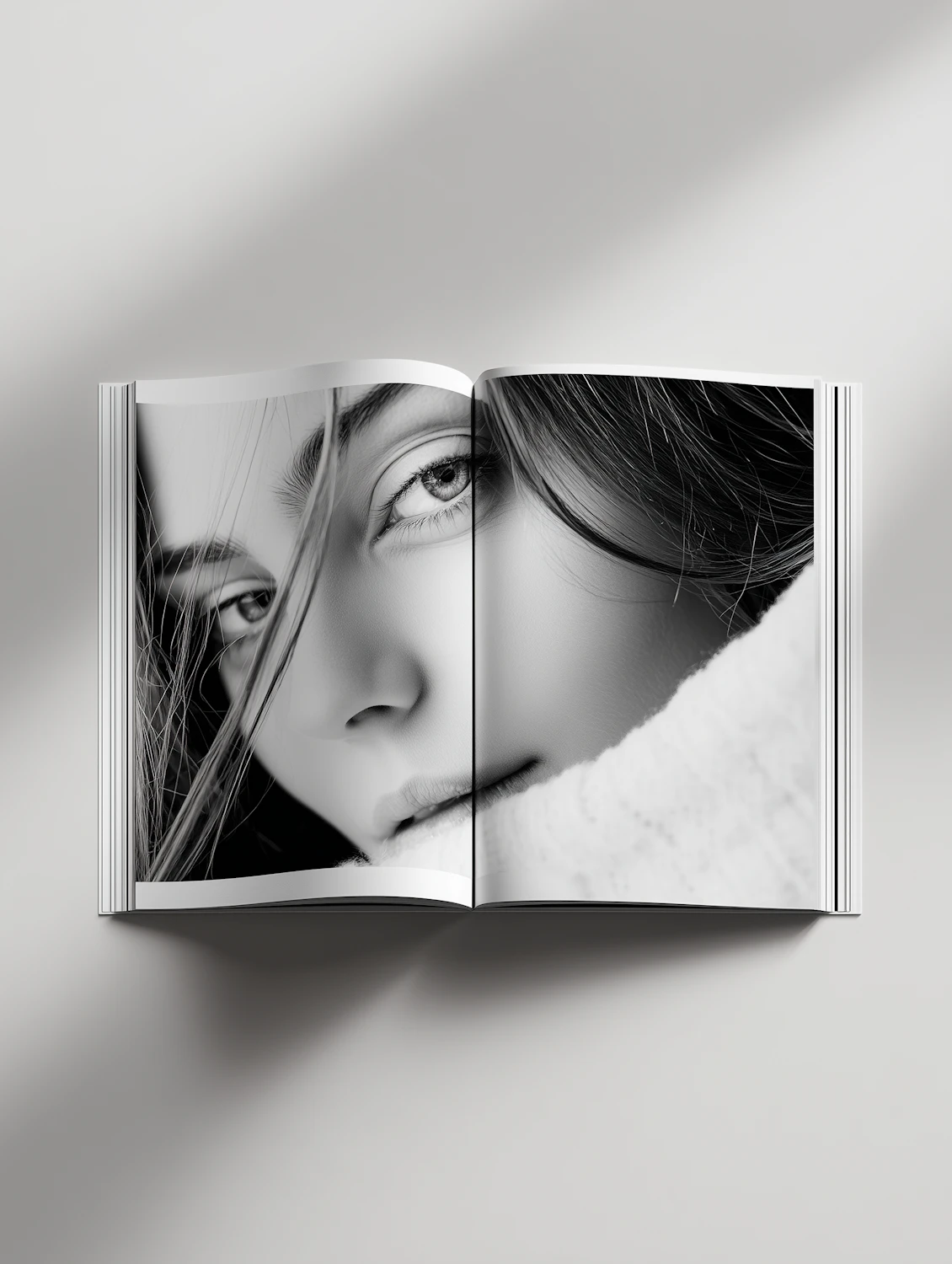 A monochrome open book resting on a pale surface in soft shadow