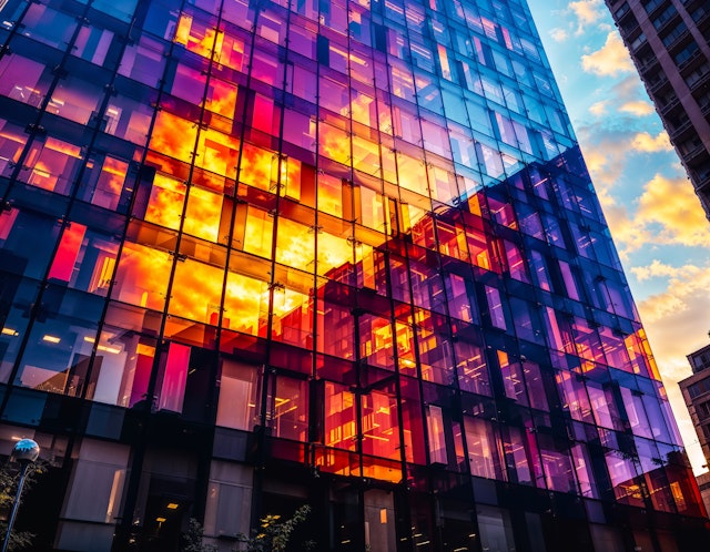 Modern Glass Building at Sunset