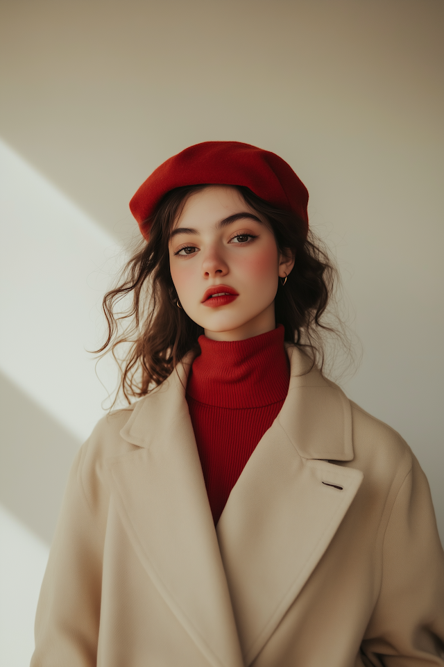 Young Woman in Red Beret and Turtleneck