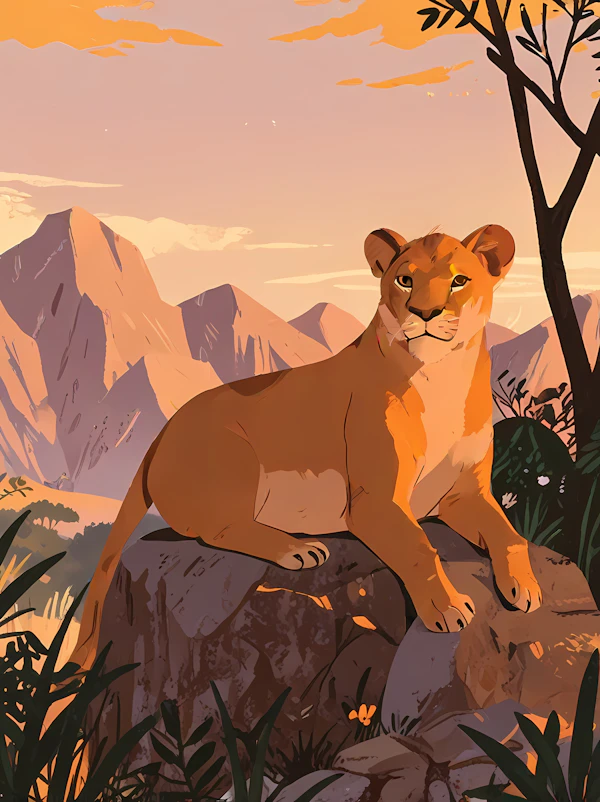 Lioness in Sunset Scene