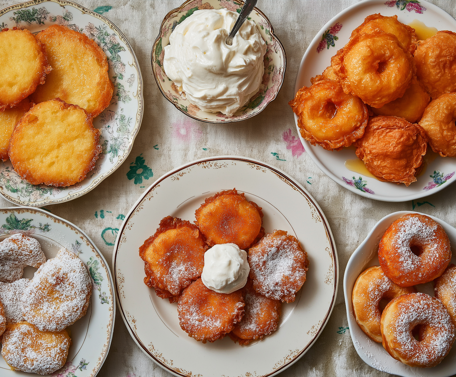 Assorted Fried Pastries on Decorative Plates