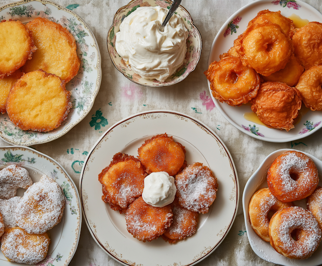 Assorted Fried Pastries on Decorative Plates