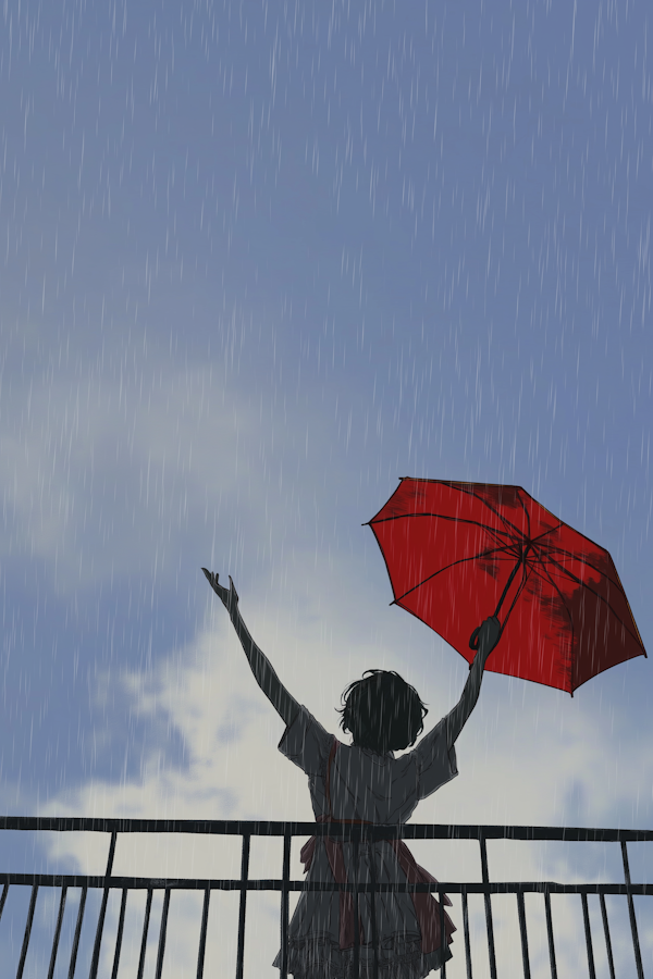 Person with Red Umbrella on Balcony