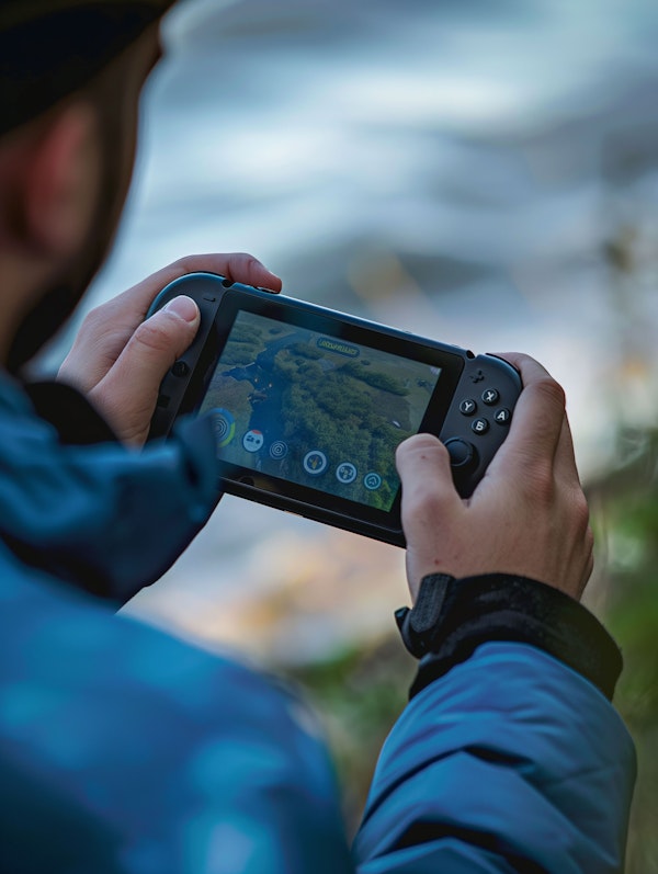 Man Playing Portable Console Outdoors