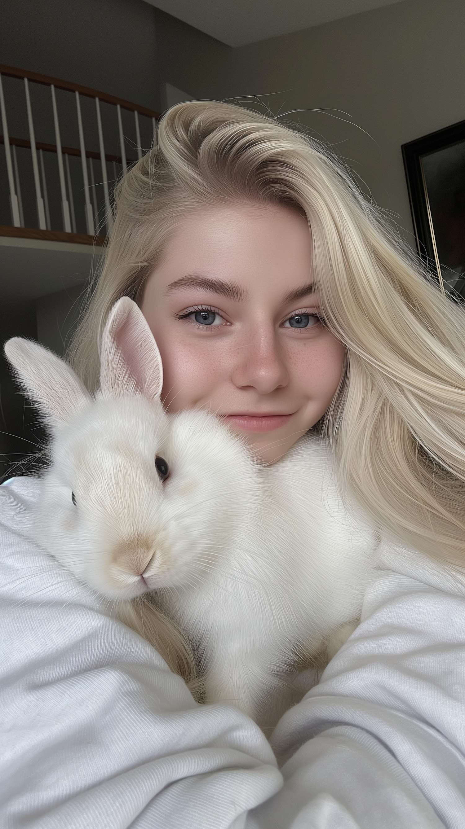 Woman Holding a White Rabbit