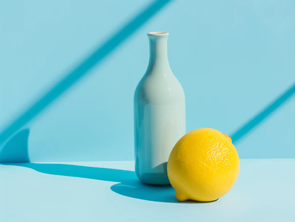 Minimalist Composition with Blue Vase and Lemon
