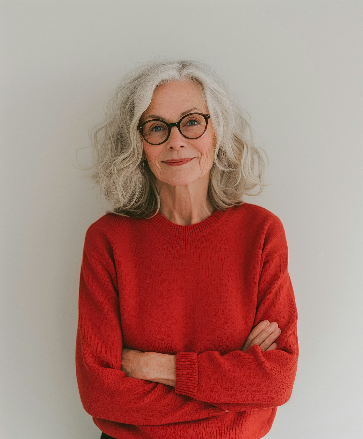 Mature Woman with Silver Hair and Red Sweater