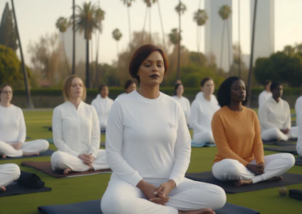 Diverse group meditating outdoors in a serene park setting, surrounded by palm trees. Focus on mindfulness and relaxation. Photo by Pablo Stanley