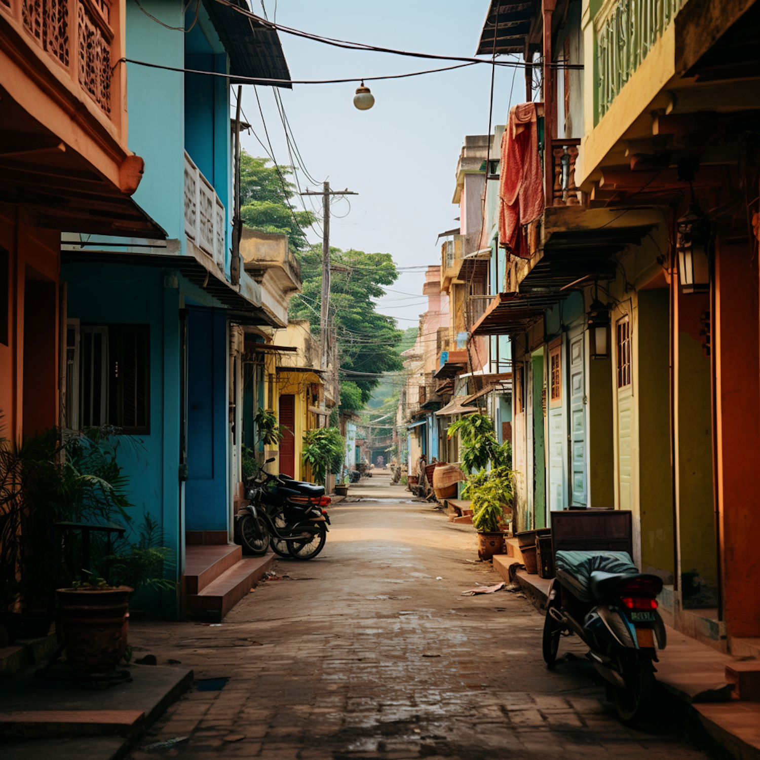 Colorful Lived-in Street with Parked Motorcycles