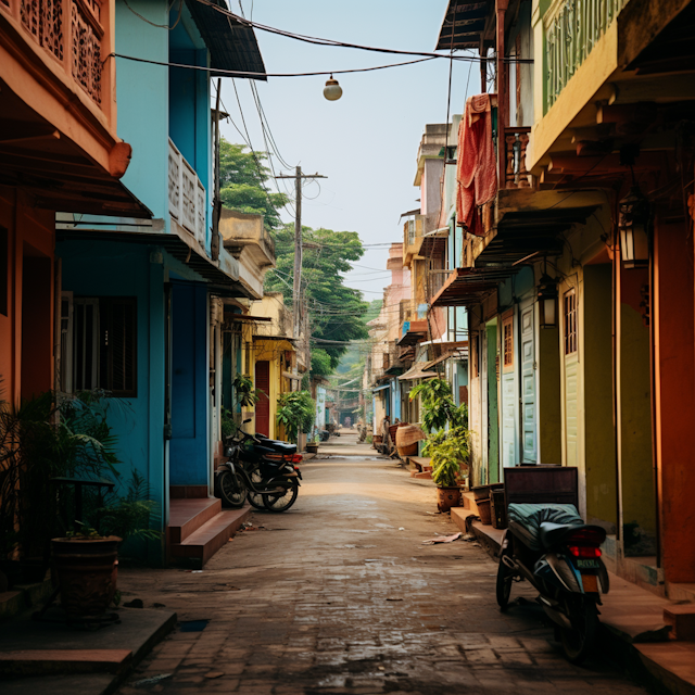 Colorful Lived-in Street with Parked Motorcycles