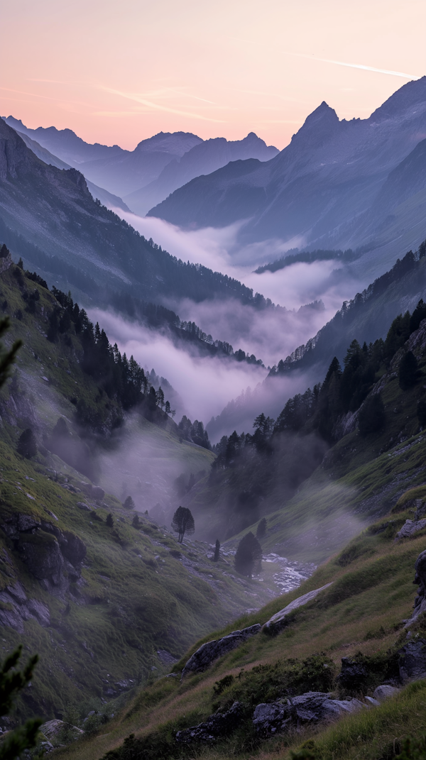 Serene Mountainous Landscape at Dawn/Dusk