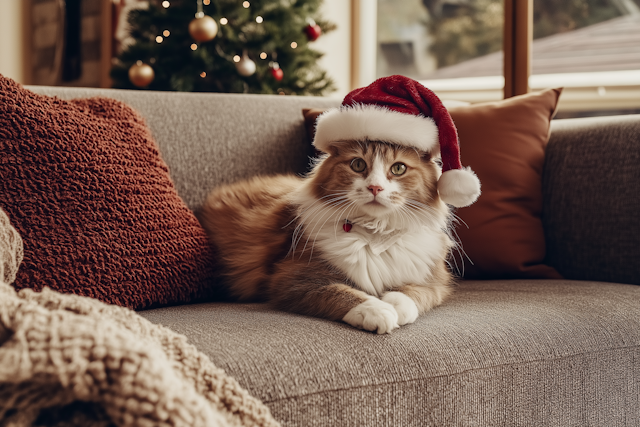 Festive Cat on Sofa