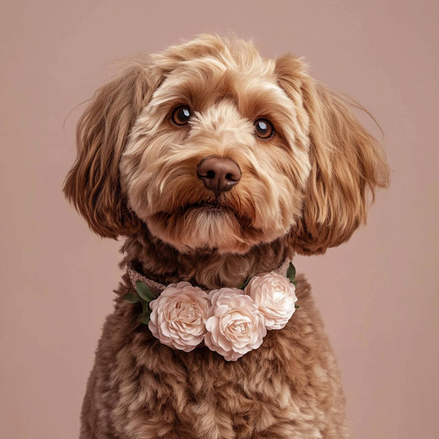 Fluffy Dog with Floral Collar