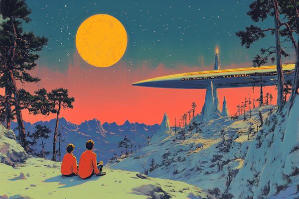 Children Gazing at Futuristic Spacecraft