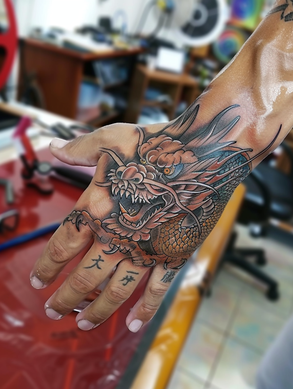 Detailed Dragon Tattoo on Hand and Forearm