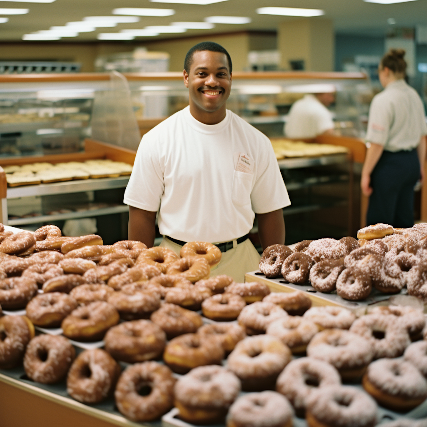 Happy Baker Behind Donuts Display