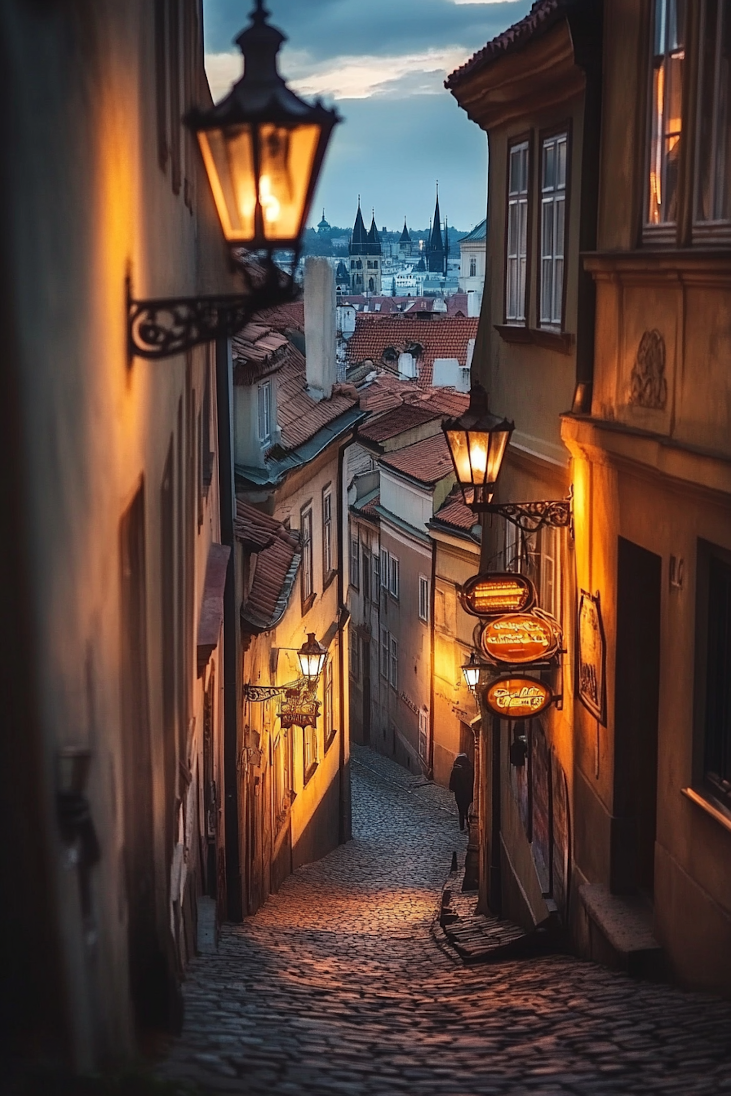 Twilight Glow on Cobblestone Street