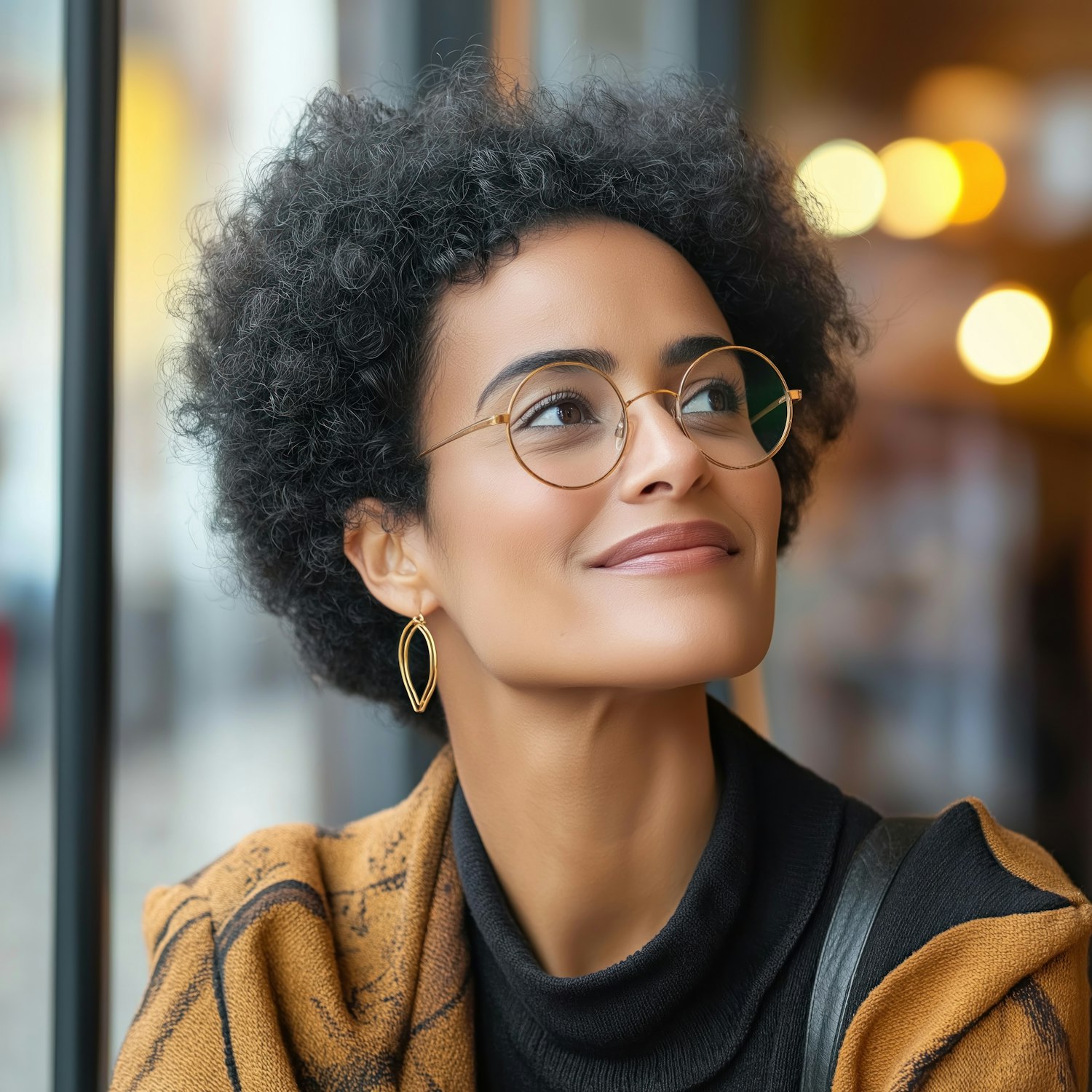 Serene Woman with Curly Hair and Warm Ambiance