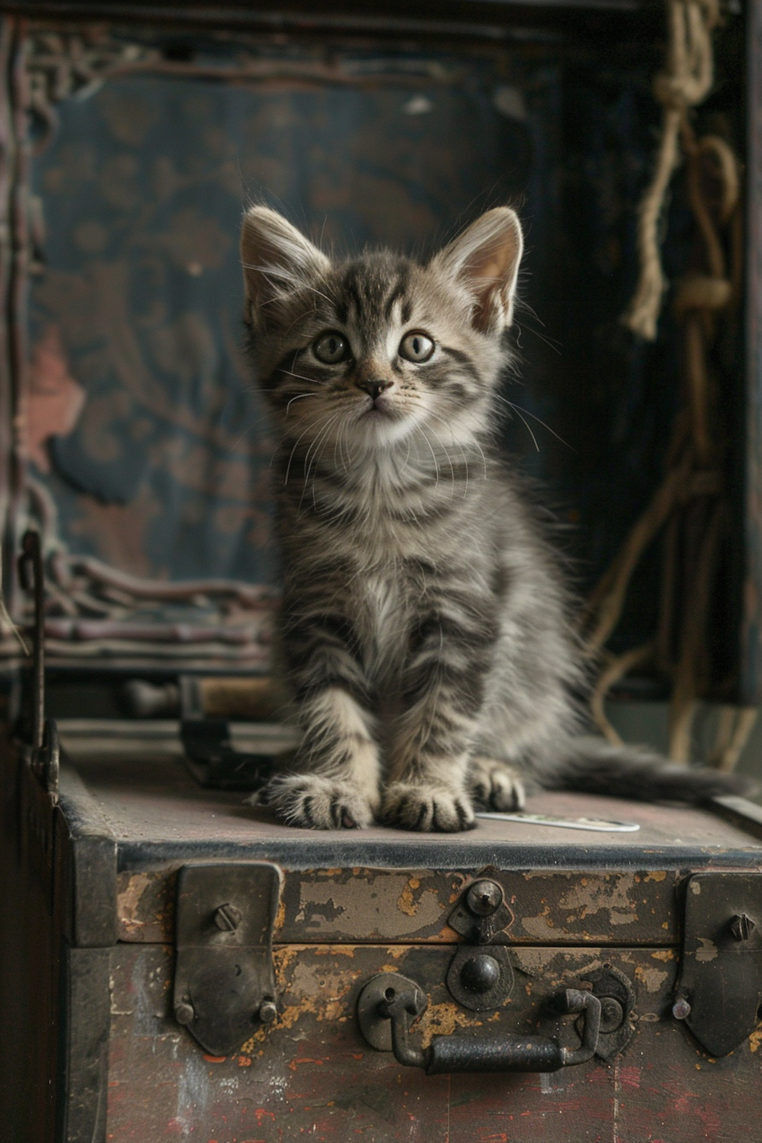 Curious Gray Tabby Kitten on Antique Trunk