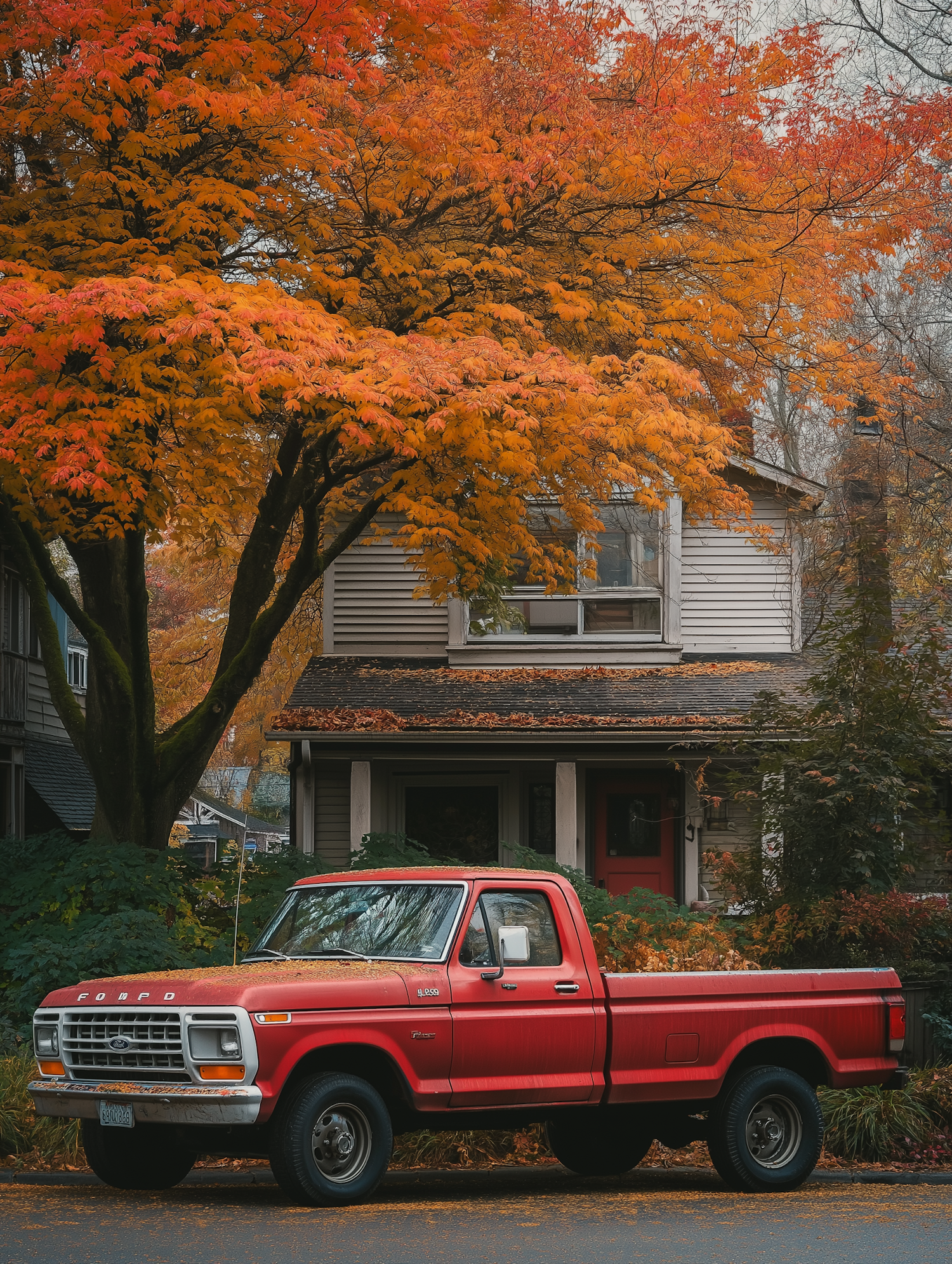 Classic Red Pickup in Autumn