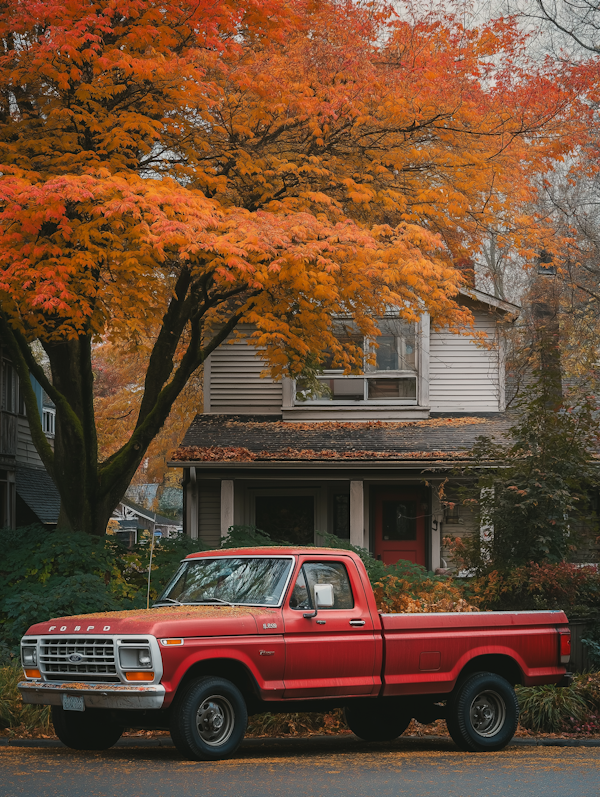 Classic Red Pickup in Autumn