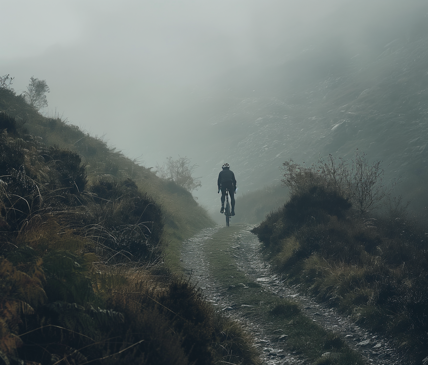 Solitary Cyclist on a Misty Path