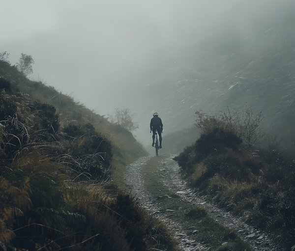 Solitary Cyclist on a Misty Path