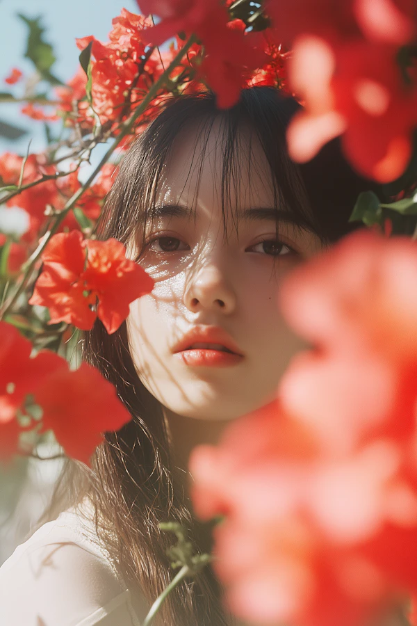 Serene Portrait with Red Flowers